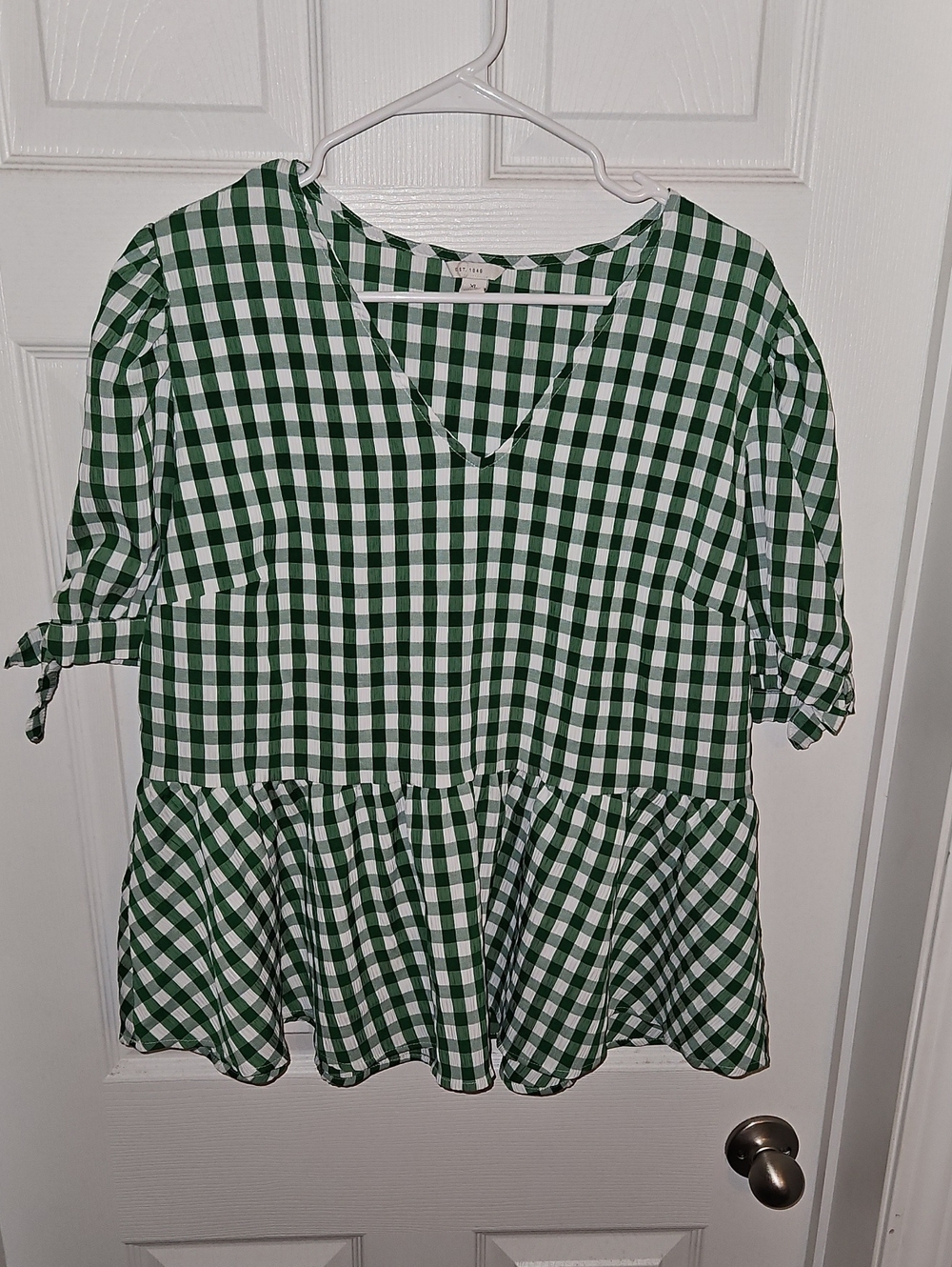 Green Gingham V-Neck Peplum Top